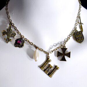 Vintage Medieval Charms Necklace with Castle and Sword